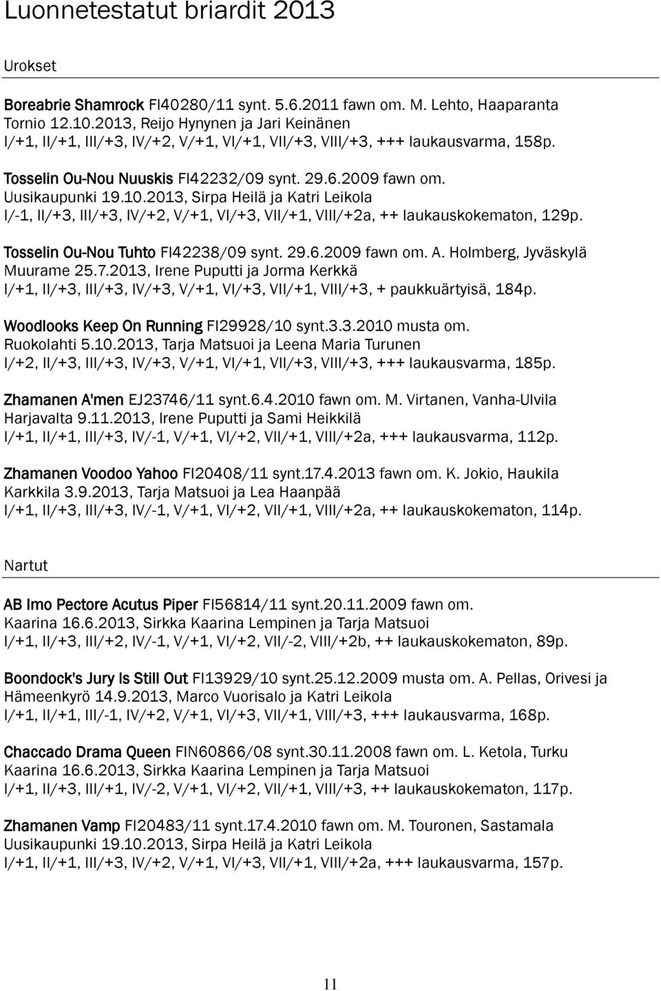 2013, Sirpa Heilä ja Katri Leikola I/-1, II/+3, III/+3, IV/+2, V/+1, VI/+3, VII/+1, VIII/+2a, ++ laukauskokematon, 129p. Tosselin Ou-Nou Tuhto FI42238/09 synt. 29.6.2009 fawn om. A.