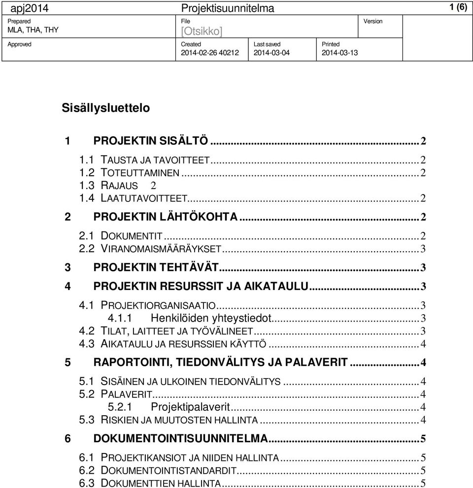 .. 3 4.3 AIKATAULU JA RESURSSIEN KÄYTTÖ... 4 5 RAPORTOINTI, TIEDONVÄLITYS JA PALAVERIT... 4 5.1 SISÄINEN JA ULKOINEN TIEDONVÄLITYS... 4 5.2 PALAVERIT... 4 5.2.1 Projektipalaverit... 4 5.3 RISKIEN JA MUUTOSTEN HALLINTA.