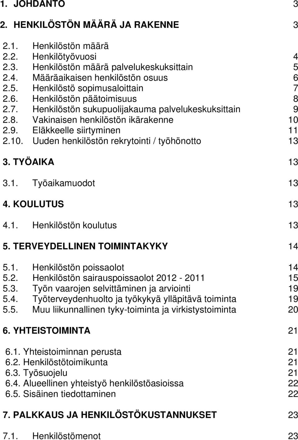 TYÖAIKA 13 3.1. Työaikamuodot 13 4. KOULUTUS 13 4.1. Henkilöstön koulutus 13 5. TERVEYDELLINEN TOIMINTAKYKY 14 5.1. Henkilöstön poissaolot 14 5.2. Henkilöstön sairauspoissaolot 2012-2011 15 5.3. Työn vaarojen selvittäminen ja arviointi 19 5.