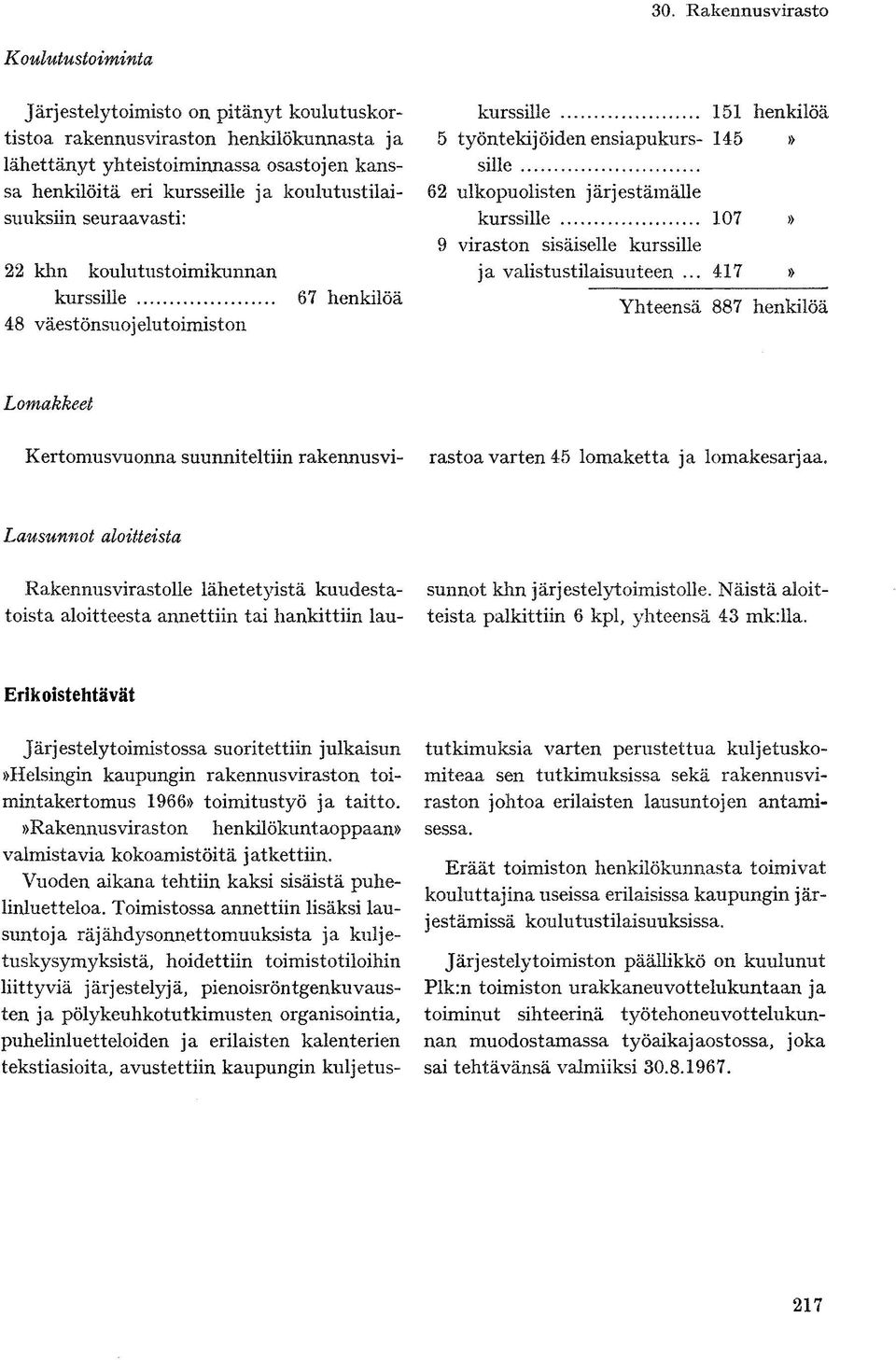 .. 151 henkilöä 5 työntekijöiden ensiapukurs- 145» sille 62 ulkopuolisten järjestämälle kurssille 107» 9 viraston sisäiselle kurssille ja valistustilaisuuteen.