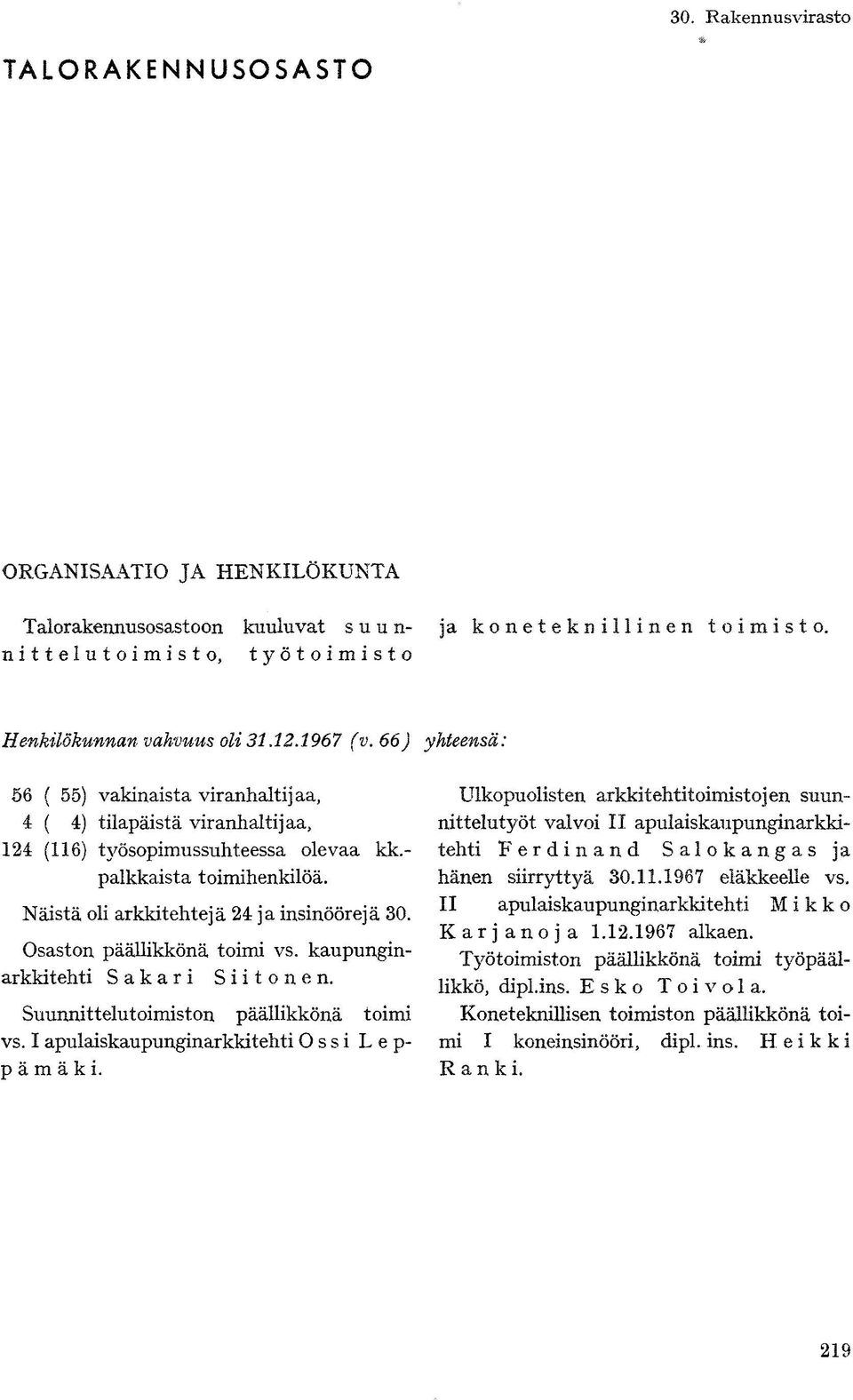 Ulkopuolisten nittelutyöt valvoi II kk.- tehti Ferdinand Salokangas ja hänen siirryttyä 30.11.1967 eläkkeehe vs.