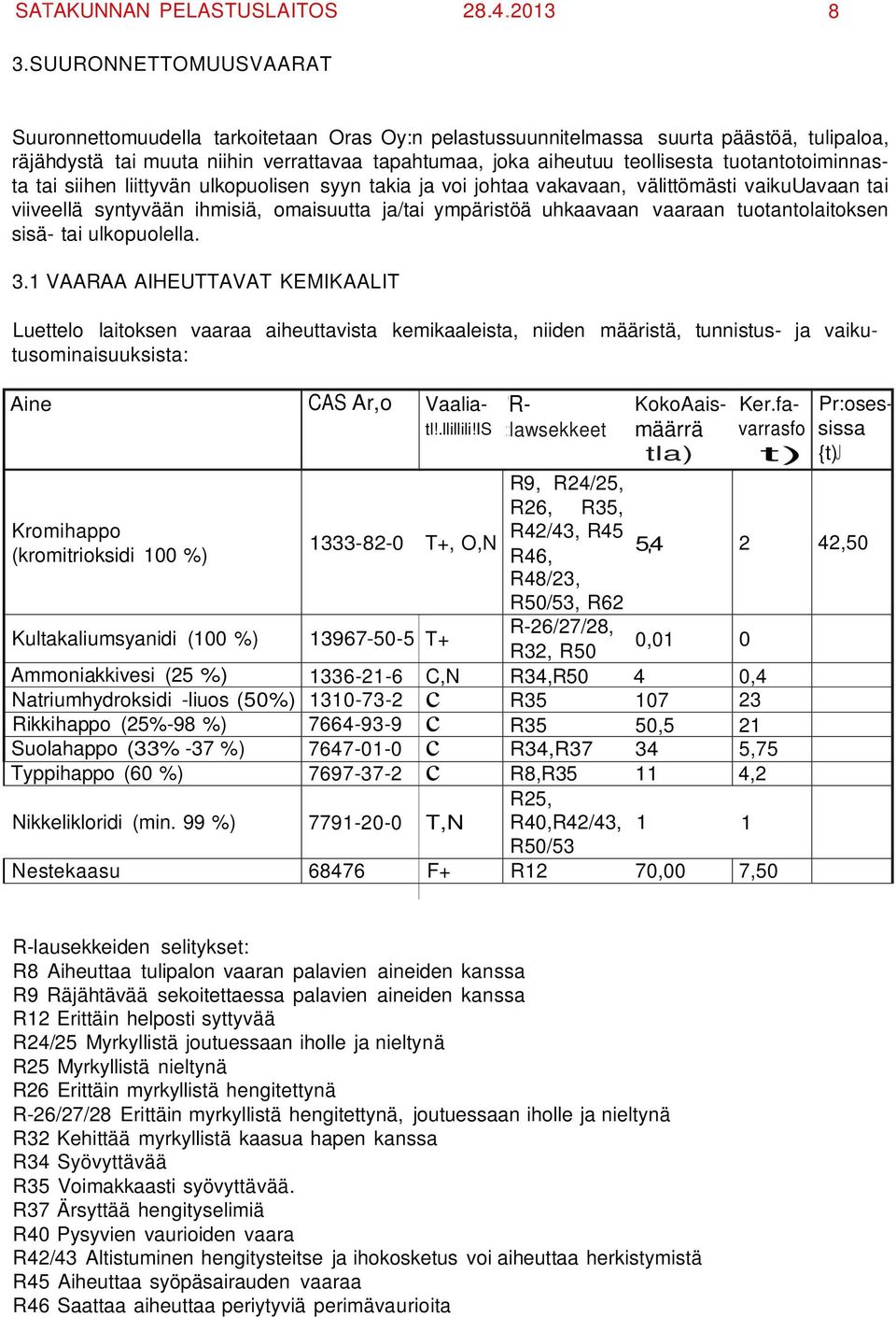 tuotantotoiminnasta tai siihen liittyvän ulkopuolisen syyn takia ja voi johtaa vakavaan, välittömästi vaikuuavaan tai viiveellä syntyvään ihmisiä, omaisuutta ja/tai ympäristöä uhkaavaan vaaraan