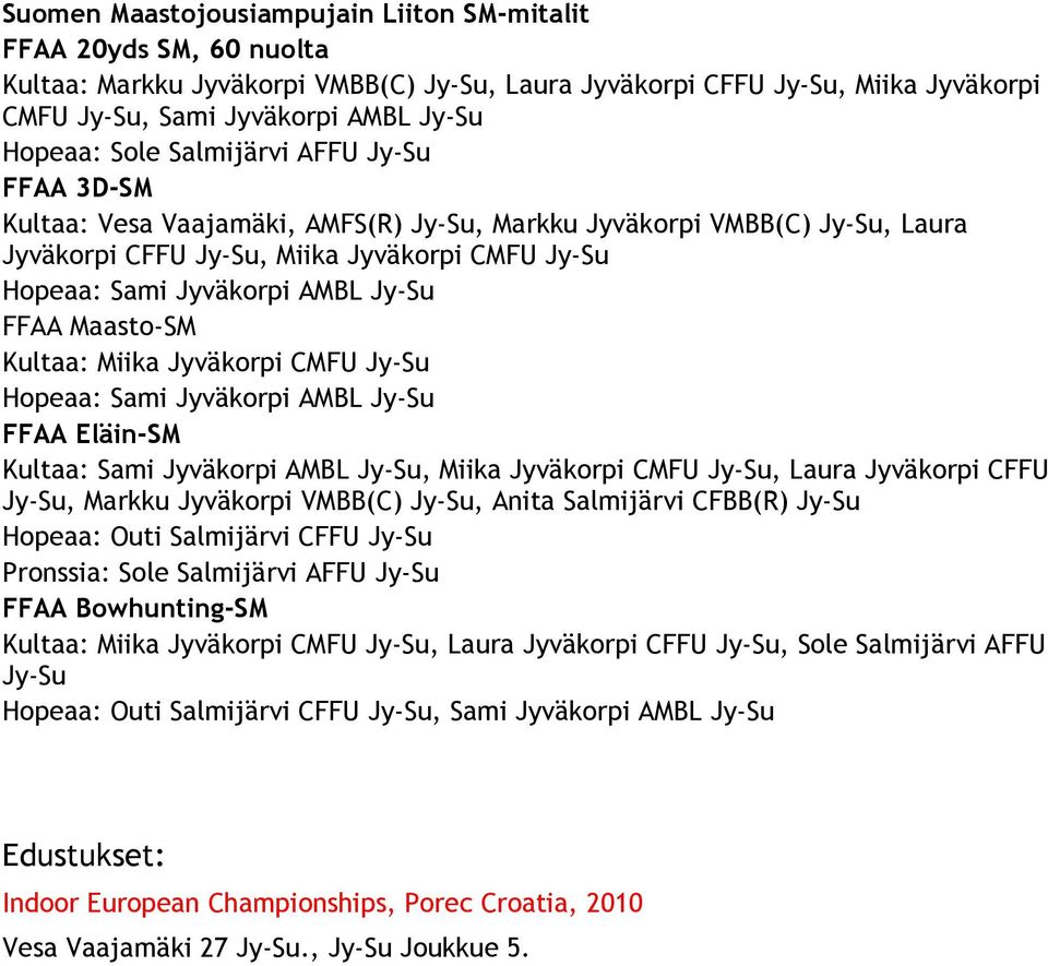 FFAA Maasto-SM Kultaa: Miika Jyväkorpi CMFU Jy-Su Hopeaa: Sami Jyväkorpi AMBL Jy-Su FFAA Eläin-SM Kultaa: Sami Jyväkorpi AMBL Jy-Su, Miika Jyväkorpi CMFU Jy-Su, Laura Jyväkorpi CFFU Jy-Su, Markku