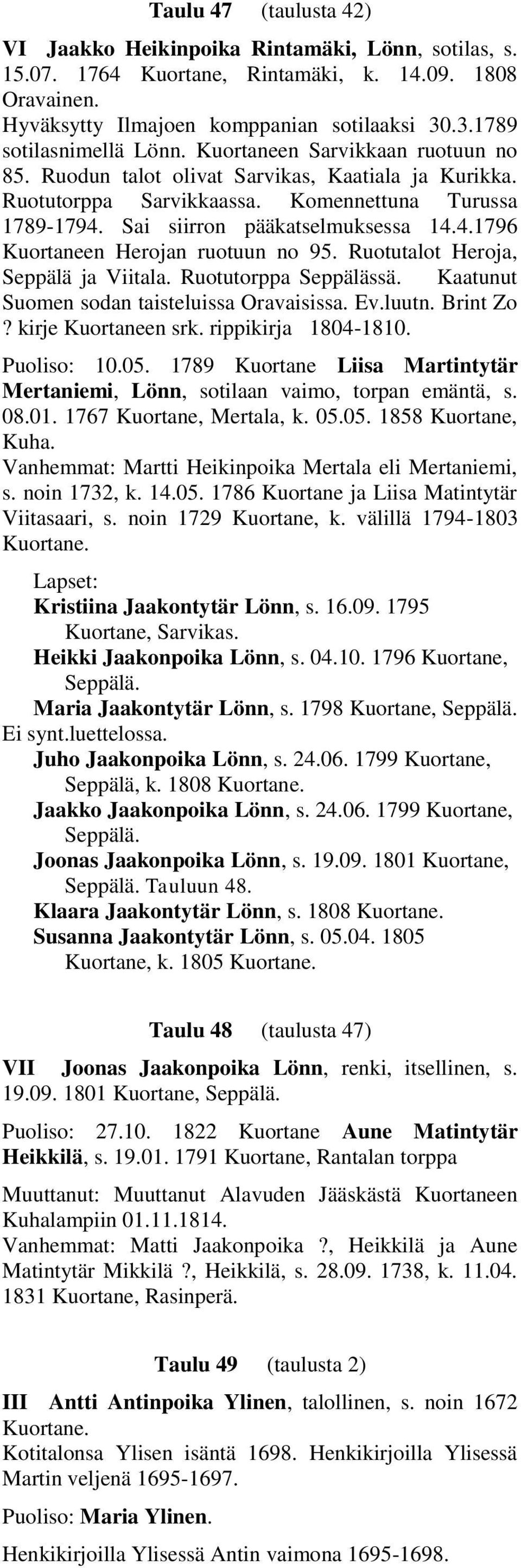 Sai siirron pääkatselmuksessa 14.4.1796 Kuortaneen Herojan ruotuun no 95. Ruotutalot Heroja, Seppälä ja Viitala. Ruotutorppa Seppälässä. Kaatunut Suomen sodan taisteluissa Oravaisissa. Ev.luutn.