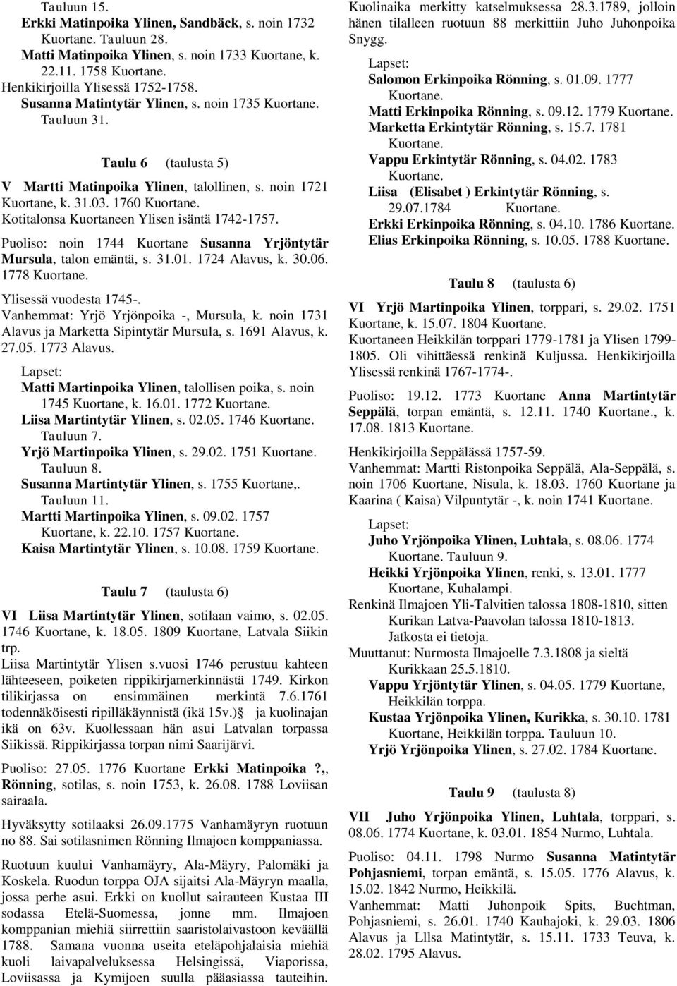 Puoliso: noin 1744 Kuortane Susanna Yrjöntytär Mursula, talon emäntä, s. 31.01. 1724 Alavus, k. 30.06. 1778 Ylisessä vuodesta 1745-. Vanhemmat: Yrjö Yrjönpoika -, Mursula, k.