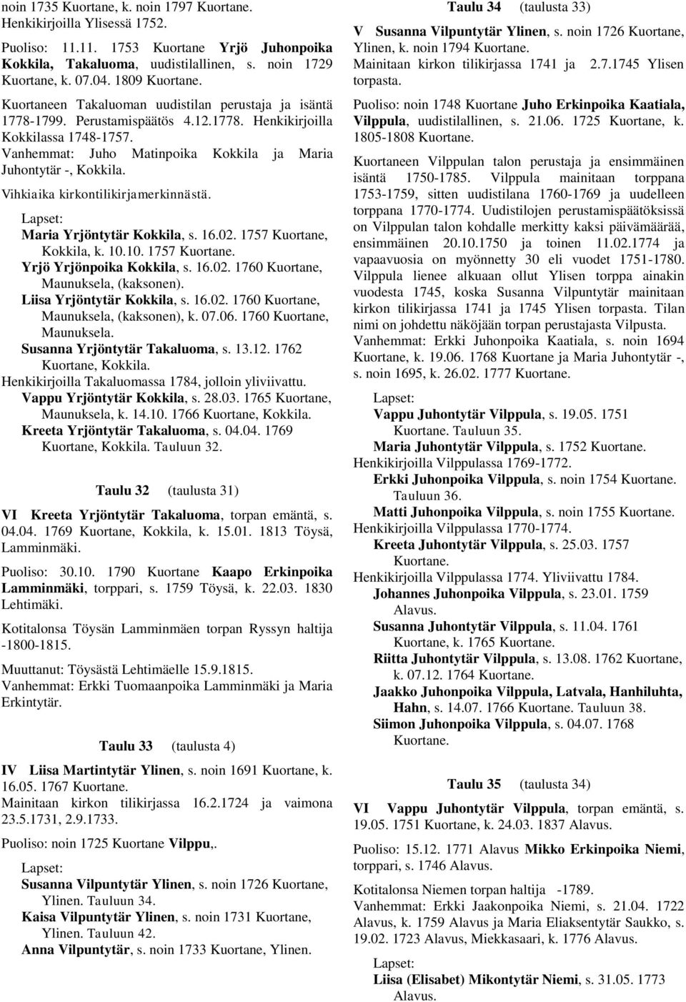 Vihkiaika kirkontilikirjamerkinnästä. Maria Yrjöntytär Kokkila, s. 16.02. 1757 Kuortane, Kokkila, k. 10.10. 1757 Yrjö Yrjönpoika Kokkila, s. 16.02. 1760 Kuortane, Maunuksela, (kaksonen).