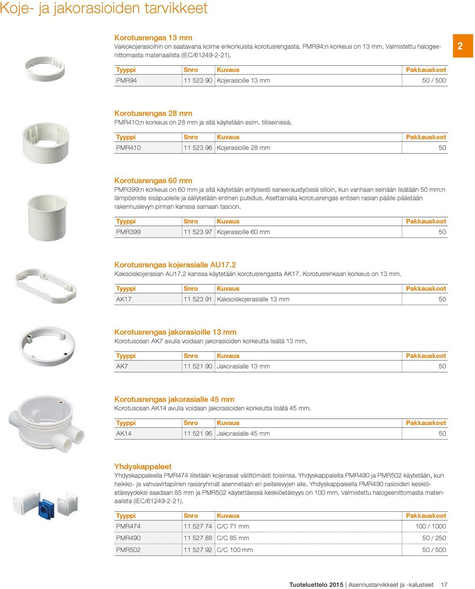 PMR410 11 523 96 Kojerasioille 28 mm 50 Korotusrengas 60 mm PMR399:n korkeus on 60 mm ja sitä käytetään erityisesti saneeraustyössä silloin, kun vanhaan seinään lisätään 50 mm:n lämpöeriste