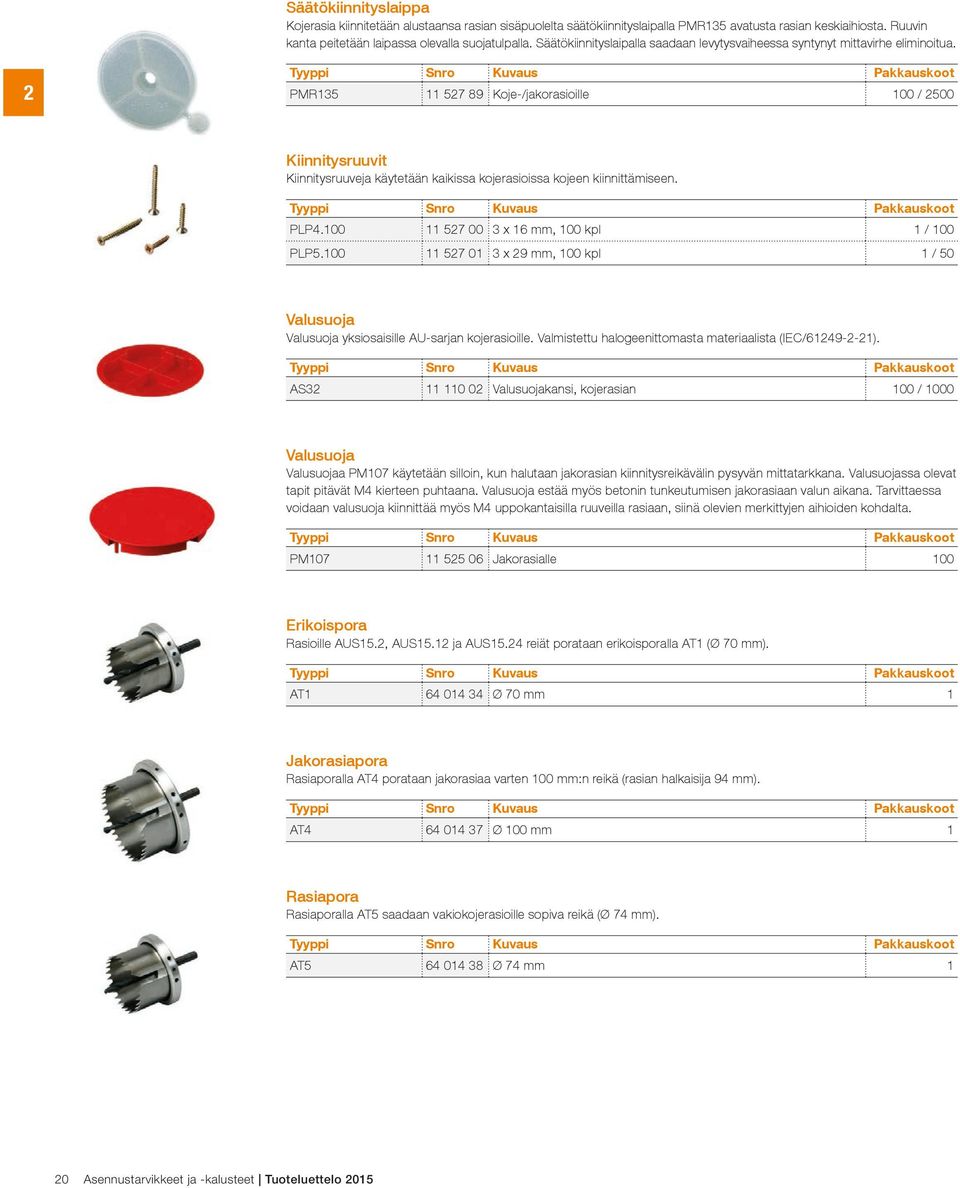 2 PMR135 11 527 89 Koje-/jakorasioille 100 / 2500 Kiinnitysruuvit Kiinnitysruuveja käytetään kaikissa kojerasioissa kojeen kiinnittämiseen. PLP4.100 11 527 00 3 x 16 mm, 100 kpl 1 / 100 PLP5.