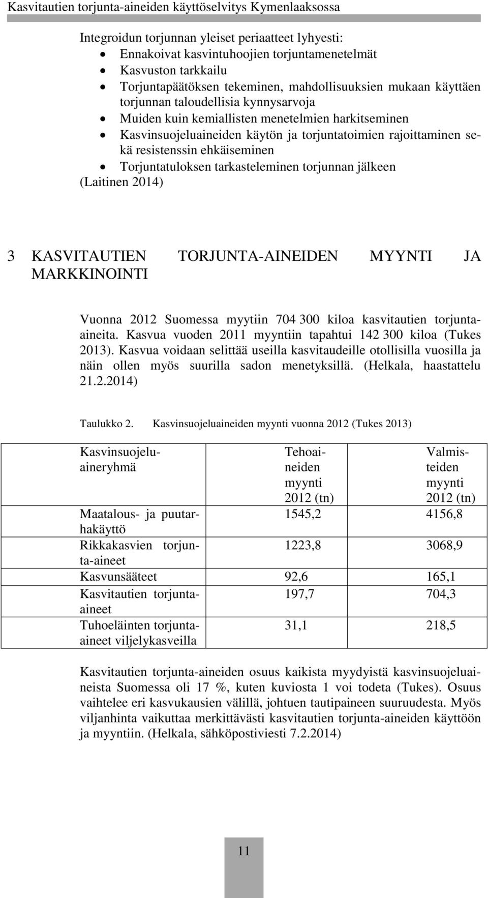 tarkasteleminen torjunnan jälkeen (Laitinen 2014) 3 KASVITAUTIEN TORJUNTA-AINEIDEN MYYNTI JA MARKKINOINTI Vuonna 2012 Suomessa myytiin 704 300 kiloa kasvitautien torjuntaaineita.