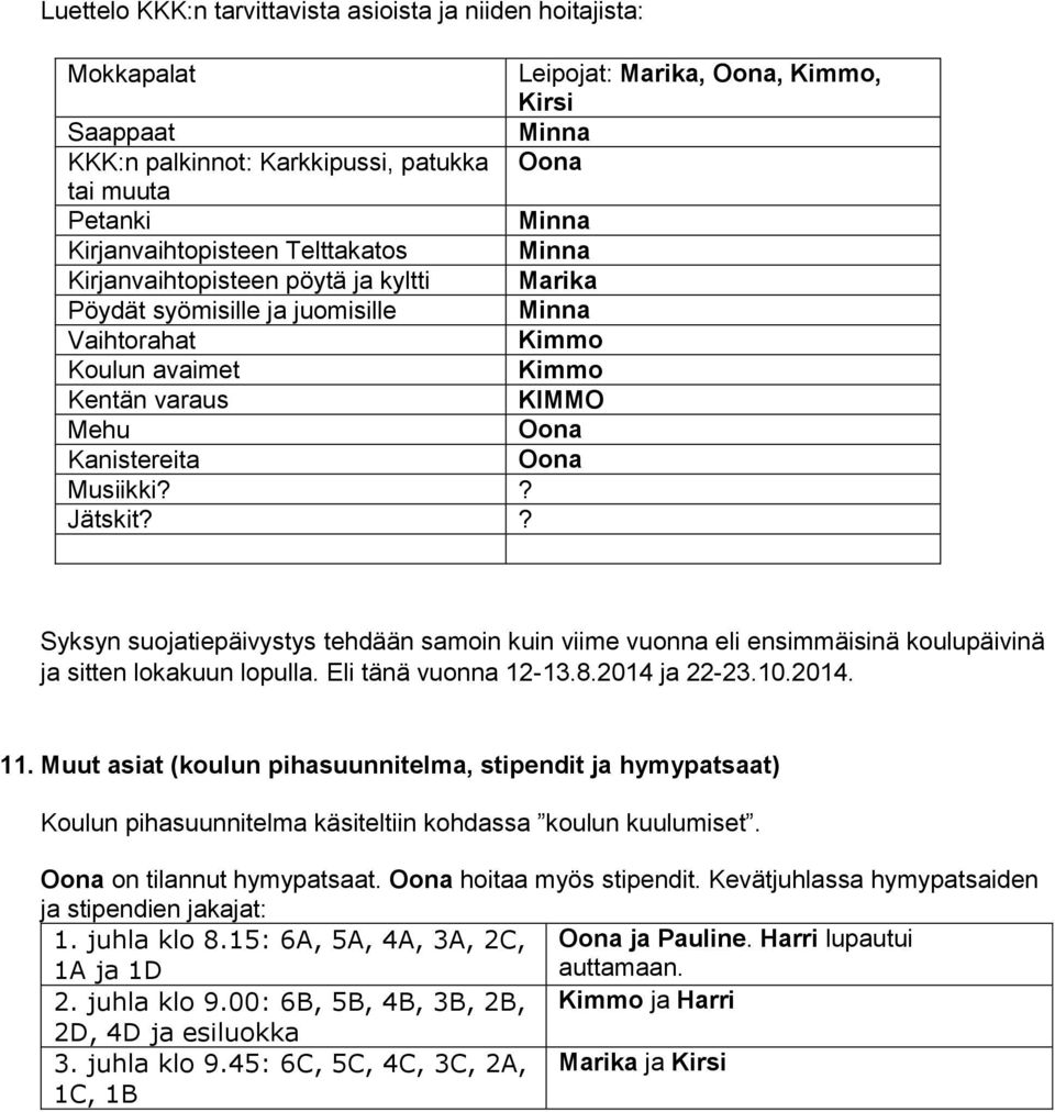 ? Leipojat: Marika,, Kimmo, Kirsi Marika Kimmo Kimmo KIMMO Syksyn suojatiepäivystys tehdään samoin kuin viime vuonna eli ensimmäisinä koulupäivinä ja sitten lokakuun lopulla. Eli tänä vuonna 12-13.8.