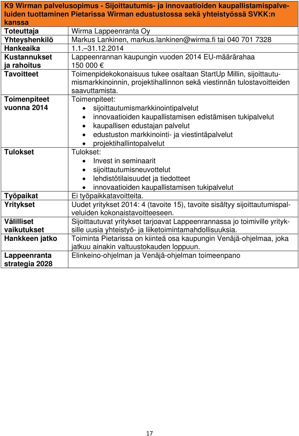 2014 Kustannukset Lappeenrannan kaupungin vuoden 2014 EU-määrärahaa Tavoitteet Työpaikat 150 000 Toimenpidekokonaisuus tukee osaltaan StartUp Millin, sijoittautumismarkkinoinnin, projektihallinnon