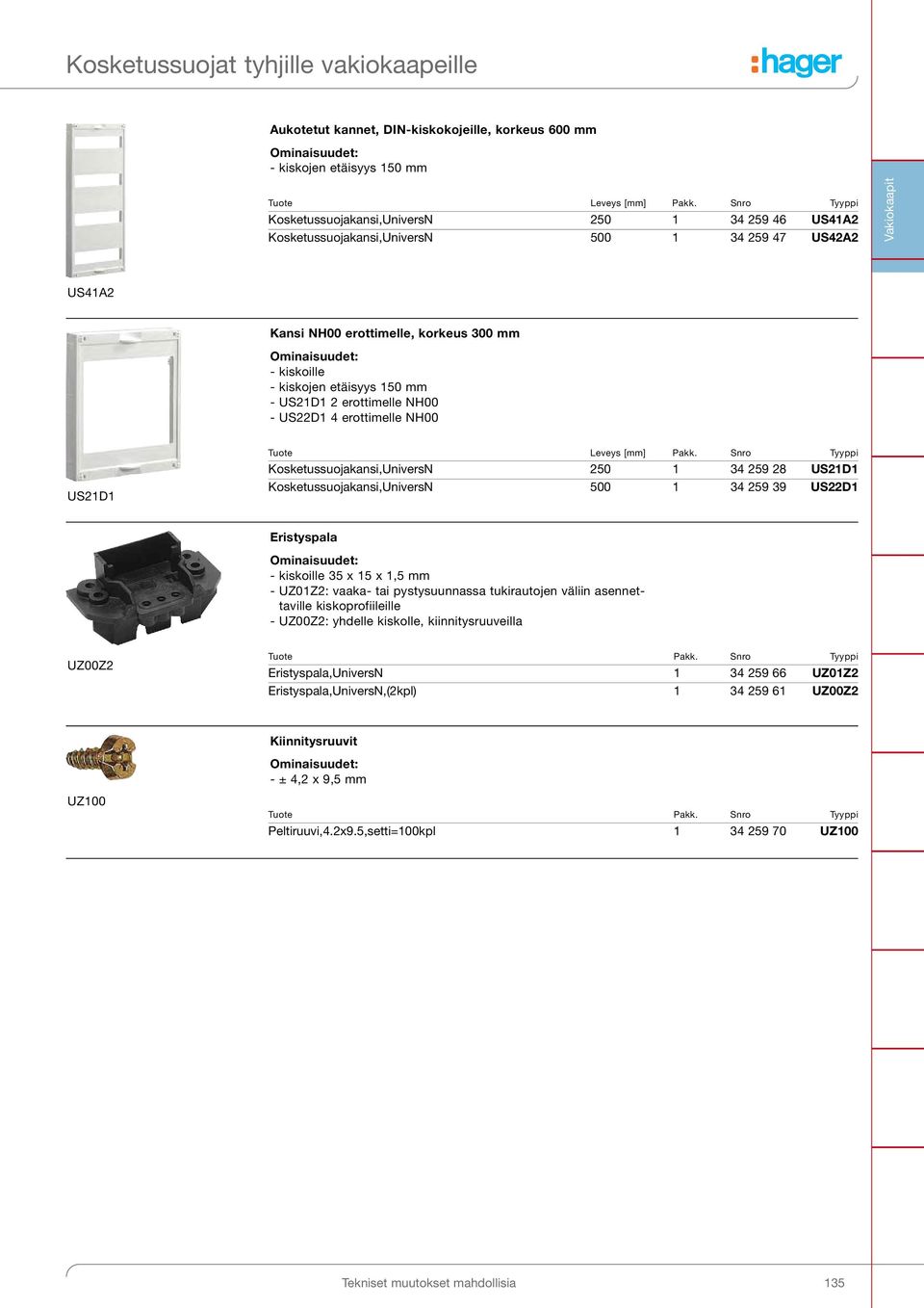 etäisyys 150 mm - US21D1 2 erottimelle NH00 - US22D1 4 erottimelle NH00 US21D1 [mm] Pakk.