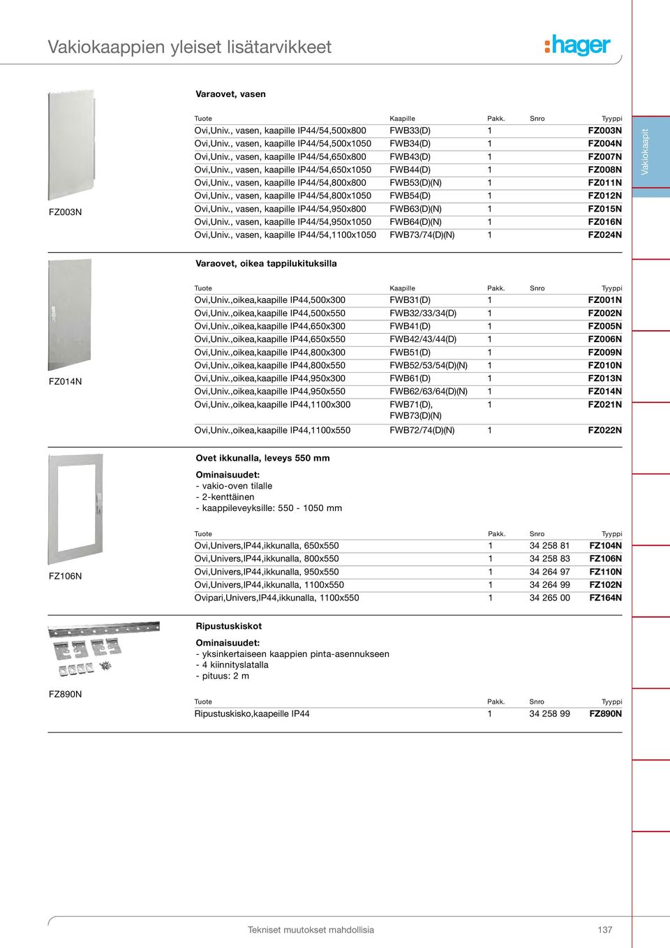 , vasen, kaapille IP44/54,800x800 FWB53(D)(N) 1 FZ011N Ovi,Univ., vasen, kaapille IP44/54,800x1050 FWB54(D) 1 FZ012N Ovi,Univ., vasen, kaapille IP44/54,950x800 FWB63(D)(N) 1 FZ015N Ovi,Univ.