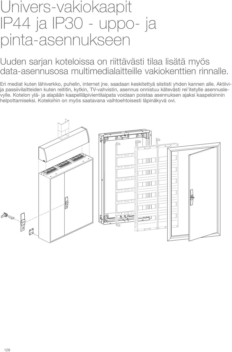 Aktiivija passiivilaitteiden kuten reititin, kytkin, TV-vahvistin, asennus onnistuu kätevästi rei'itetylle asennuslevylle.