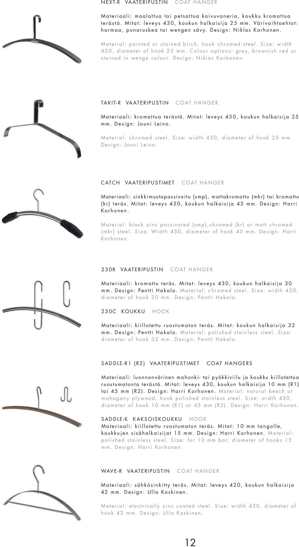 Colour options: grey, brownish red or stained in wenge colour. Design: Niklas Korhonen. TAKIT-R VAATERIPUSTIN COAT HANGER Materiaali: kromattua terästä. Mitat: leveys 450, koukun halkaisija 25 mm.