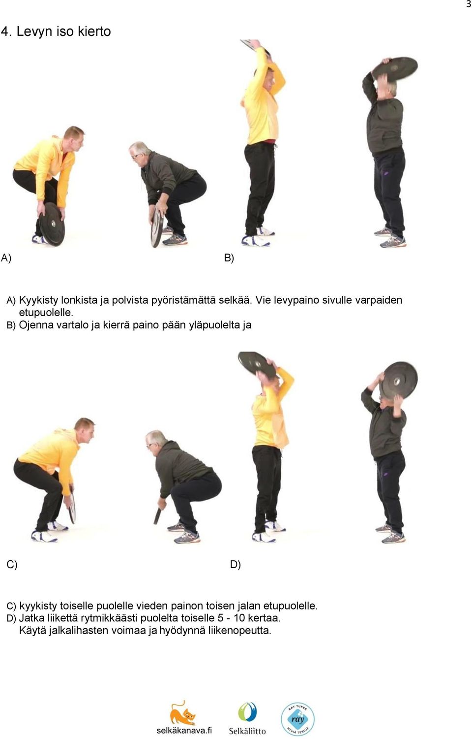 B) Ojenna vartalo ja kierrä paino pään yläpuolelta ja C) D) C) kyykisty toiselle puolelle