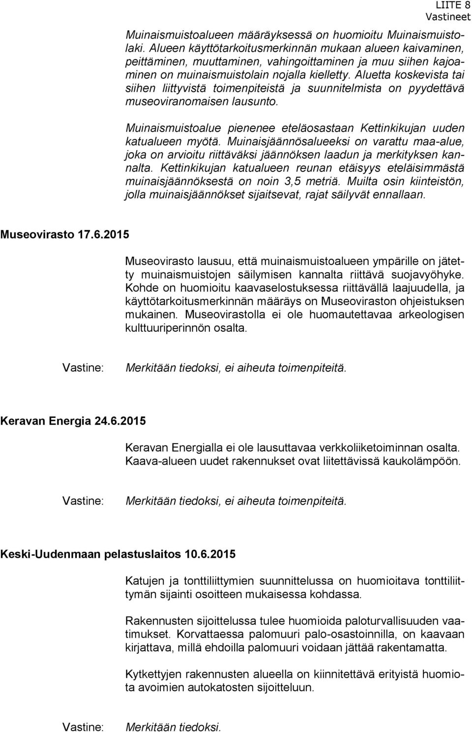 Aluetta koskevista tai siihen liittyvistä toimenpiteistä ja suunnitelmista on pyydettävä museoviranomaisen lausunto. Muinaismuistoalue pienenee eteläosastaan Kettinkikujan uuden katualueen myötä.