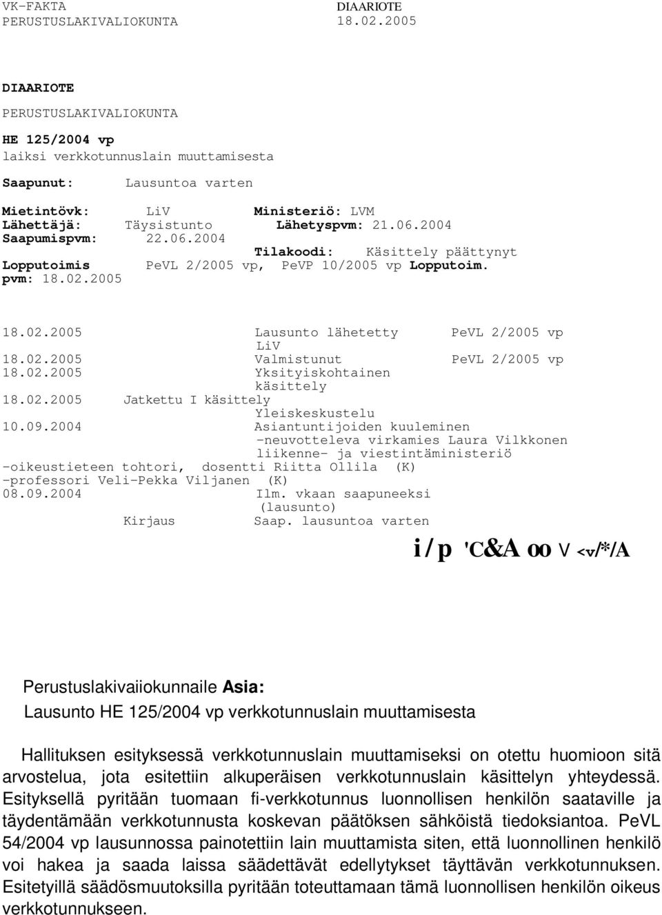 2004 Saapumispvm: 22.06.2004 Tilakoodi: Käsittely päättynyt Lopputoimis PeVL 2/2005 vp, PeVP 10/2005 vp Lopputoim. pvm: 18.02.2005 18.02.2005 Lausunto lähetetty PeVL 2/2005 vp LiV 18.02.2005 18.02.2005 Valmistunut Yksityiskohtainen PeVL 2/2005 vp käsittely 18.