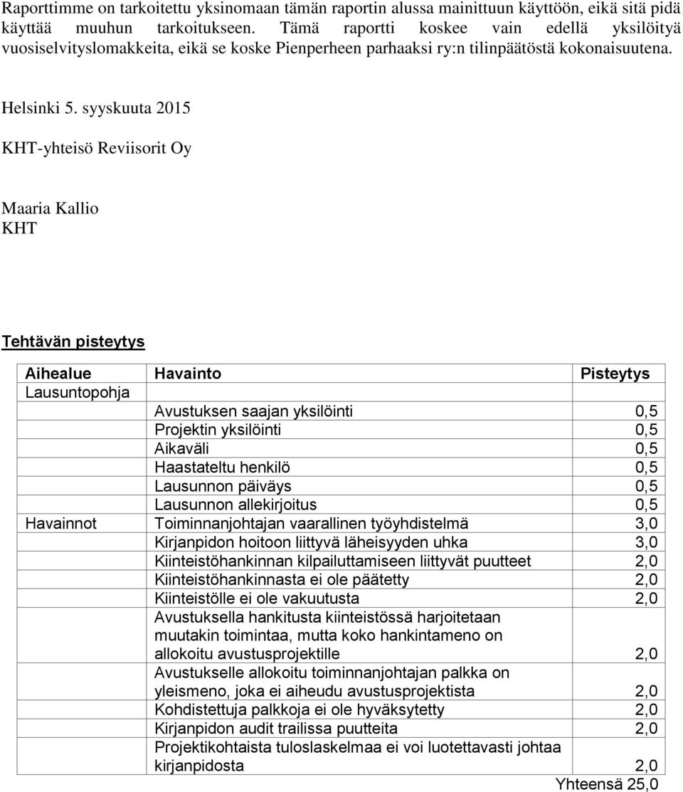 syyskuuta 2015 KHT-yhteisö Reviisorit Oy Maaria Kallio KHT Tehtävän pisteytys Aihealue Havainto Pisteytys Lausuntopohja Avustuksen saajan yksilöinti 0,5 Projektin yksilöinti 0,5 Aikaväli 0,5