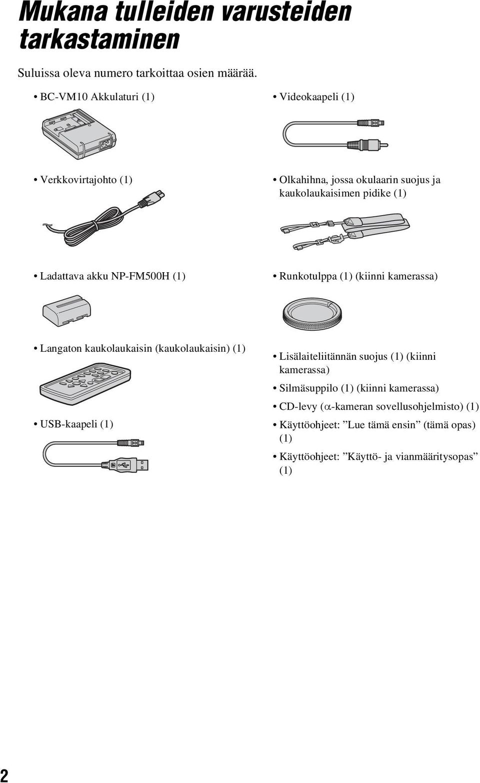 NP-FM500H (1) Runkotulppa (1) (kiinni kamerassa) Langaton kaukolaukaisin (kaukolaukaisin) (1) USB-kaapeli (1) Lisälaiteliitännän suojus (1)