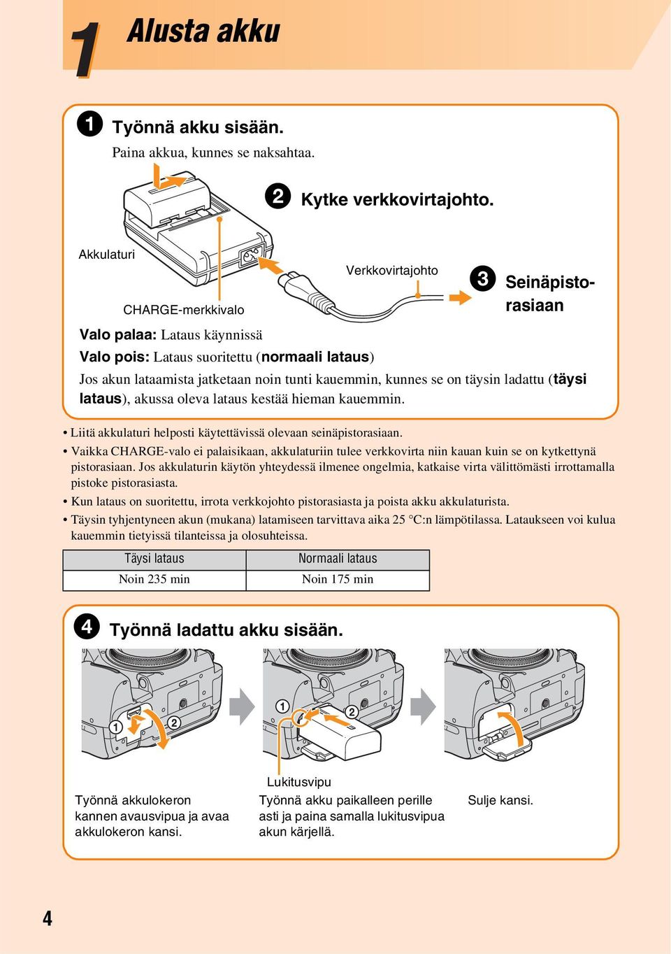 se on täysin ladattu (täysi lataus), akussa oleva lataus kestää hieman kauemmin. Liitä akkulaturi helposti käytettävissä olevaan seinäpistorasiaan.