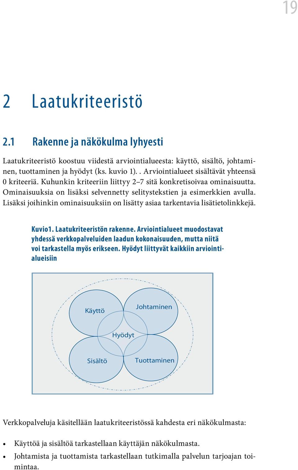 Lisäksi joihinkin ominaisuuksiin on lisätty asiaa tarkentavia lisätietolinkkejä. Kuvio1. Laatukriteeristön rakenne.