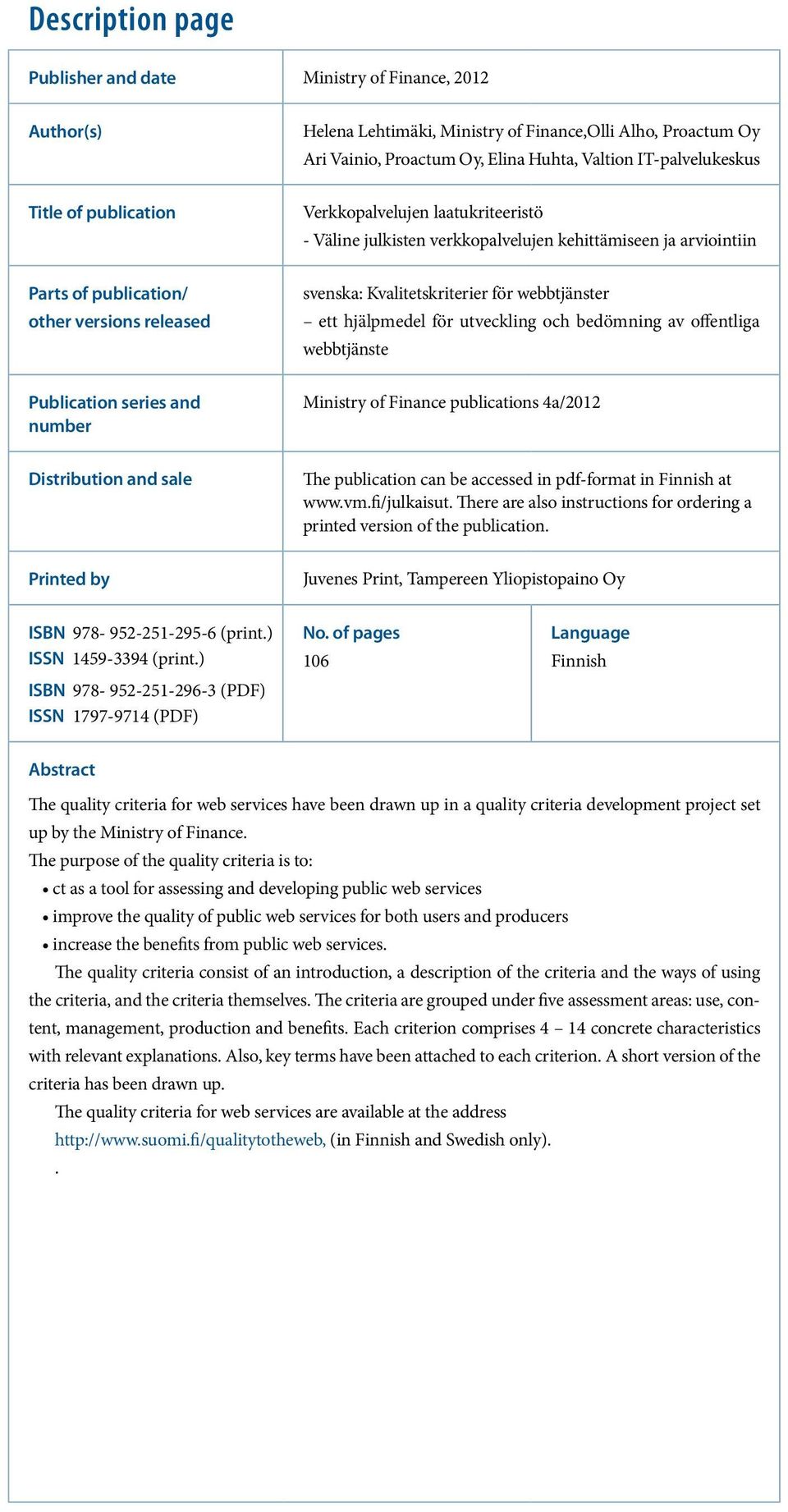 webbtjänster ett hjälpmedel för utveckling och bedömning av offentliga webbtjänste Publication series and number Ministry of Finance publications 4a/2012 Distribution and sale The publication can be