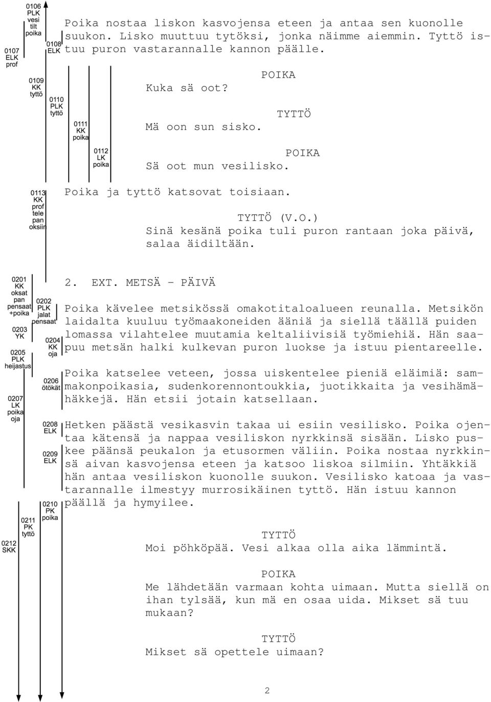 METSÄ PÄIVÄ Poika kävelee metsikössä omakotitaloalueen reunalla. Metsikön laidalta kuuluu työmaakoneiden ääniä ja siellä täällä puiden lomassa vilahtelee muutamia keltaliivisiä työmiehiä.