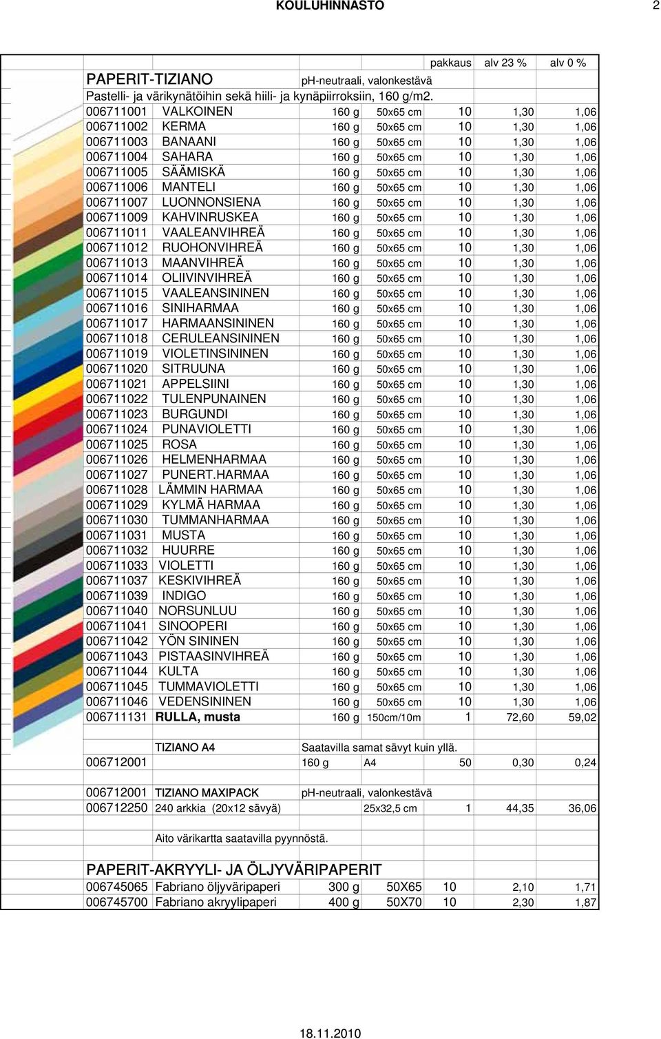 SÄÄMISKÄ 160 g 50x65 cm 10 1,30 1,06 006711006 MANTELI 160 g 50x65 cm 10 1,30 1,06 006711007 LUONNONSIENA 160 g 50x65 cm 10 1,30 1,06 006711009 KAHVINRUSKEA 160 g 50x65 cm 10 1,30 1,06 006711011