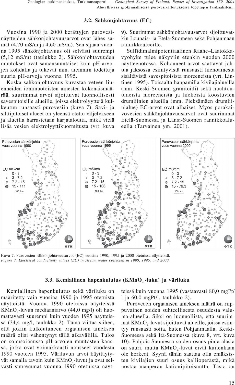 Sen sijaan vuonna 1995 sähkönjohtavuus oli selvästi suurempi (5,12 ms/m) (taulukko 2). Sähkönjohtavuuden muutokset ovat samansuuntaiset kuin ph-arvojen kohdalla ja tukevat mm.