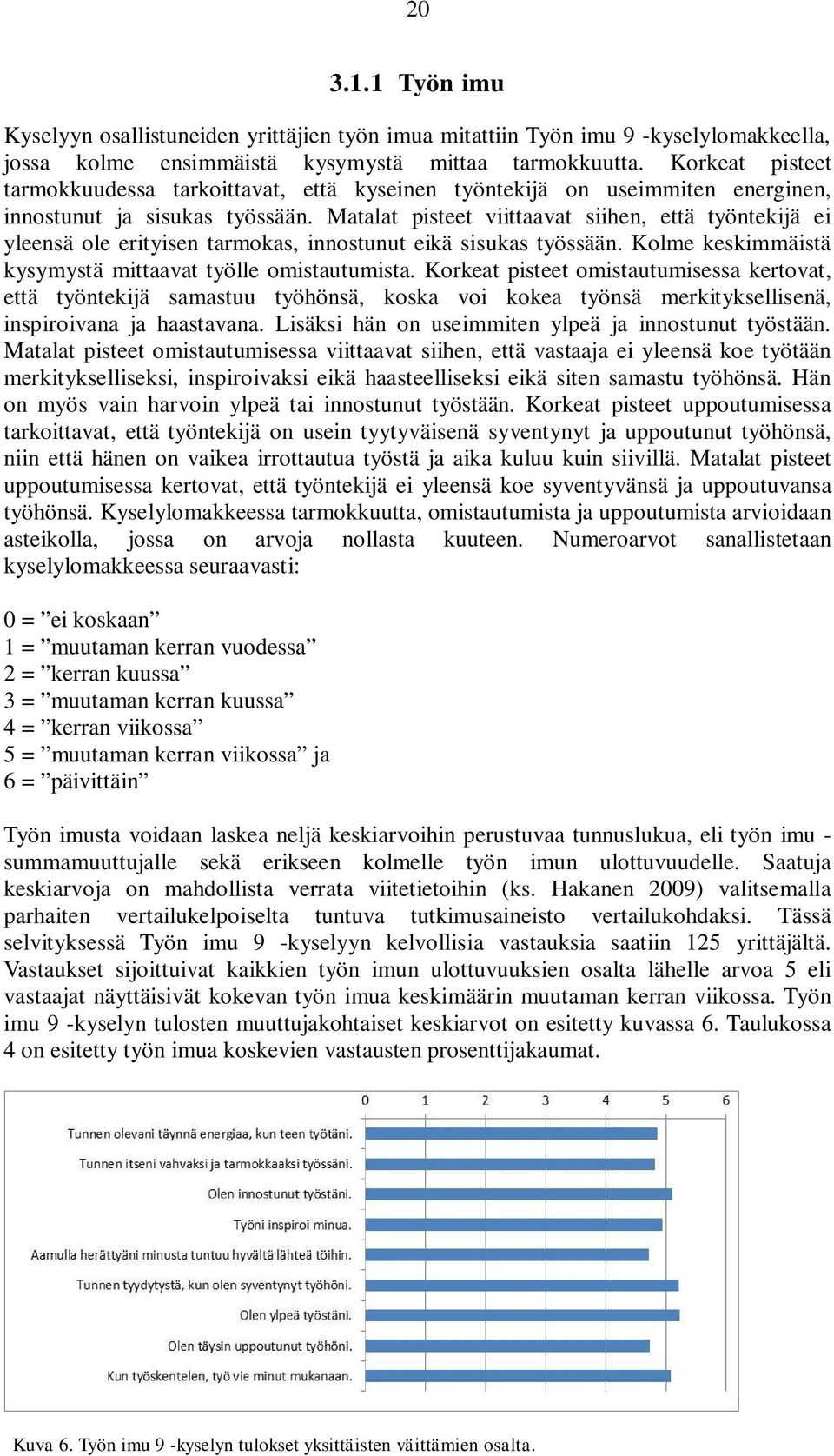 Matalat pisteet viittaavat siihen, että työntekijä ei yleensä ole erityisen tarmokas, innostunut eikä sisukas työssään. Kolme keskimmäistä kysymystä mittaavat työlle omistautumista.