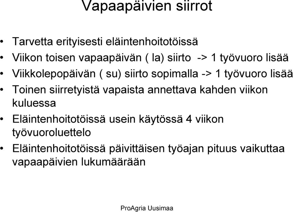 vapaista annettava kahden viikon kuluessa Eläintenhoitotöissä usein käytössä 4 viikon