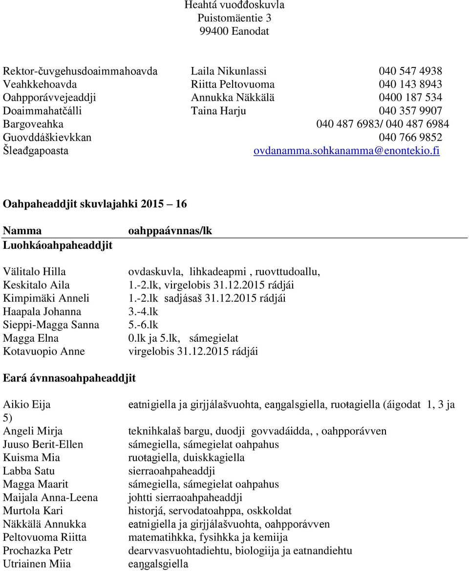 fi Oahpaheaddjit skuvlajahki 2015 16 Namma Luohkáoahpaheaddjit Välitalo Hilla Keskitalo Aila Kimpimäki Anneli Haapala Johanna Sieppi-Magga Sanna Magga Elna Kotavuopio Anne oahppaávnnas/lk ovdaskuvla,