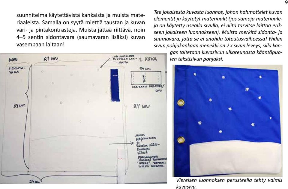 Tee jokaisesta kuvasta luonnos, johon hahmottelet kuvan elementit ja käytetyt materiaalit (jos samoja materiaaleja on käytetty usealla sivulla, ei niitä tarvitse laittaa