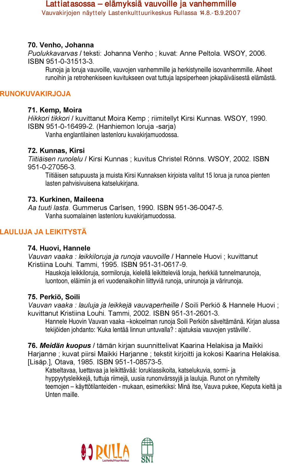 WSOY, 1990. ISBN 951 0 16499 2. (Hanhiemon loruja sarja) Vanha englantilainen lastenloru kuvakirjamuodossa. 72. Kunnas, Kirsi Tiitiäisen runolelu / Kirsi Kunnas ; kuvitus Christel Rönns. WSOY, 2002.