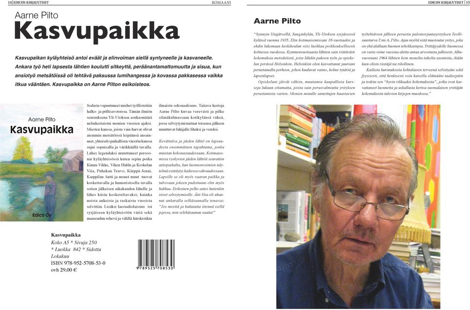 Kasvupaikka on Aarne Pilton esikoisteos. Aarne Pilto Synnyin Utajärvellä, Sanginkylän, Yli-Utoksen syrjäisessä kylässä vuonna 1935.