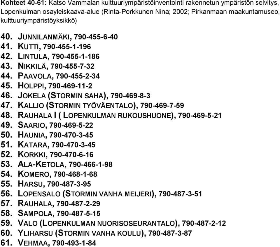 JOKELA (STORMIN SAHA), 790-469-8-3 47. KALLIO (STORMIN TYÖVÄENTALO), 790-469-7-59 48. RAUHALA I ( LOPENKULMAN RUKOUSHUONE), 790-469-5-21 49. SAARIO, 790-469-5-22 50. HAUNIA, 790-470-3-45 51.