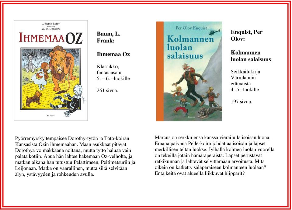 Apua hän lähtee hakemaan Oz-velholta, ja matkan aikana hän tutustuu Pelättimeen, Peltimetsuriin ja Leijonaan. Matka on vaarallinen, mutta siitä selvitään älyn, ystävyyden ja rohkeuden avulla.