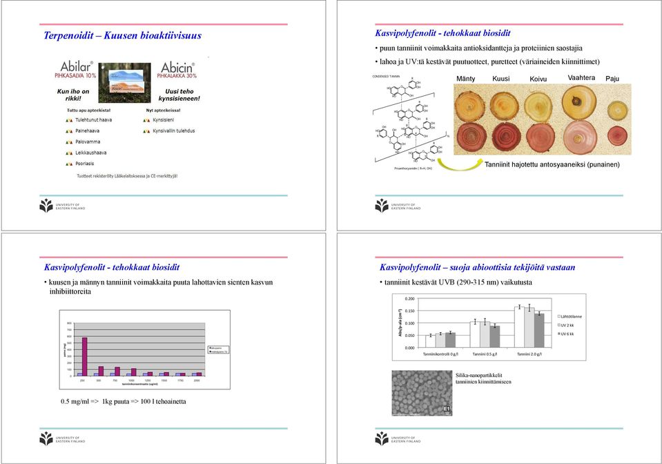 kuusen ja männyn tanniinit voimakkaita puuta lahottavien sienten kasvun inhibiittoreita Kasvipolyfenolit suoja abioottisia tekijöitä vastaan tanniinit kestävät UVB (290-315 nm) vaikutusta!"&!!#!