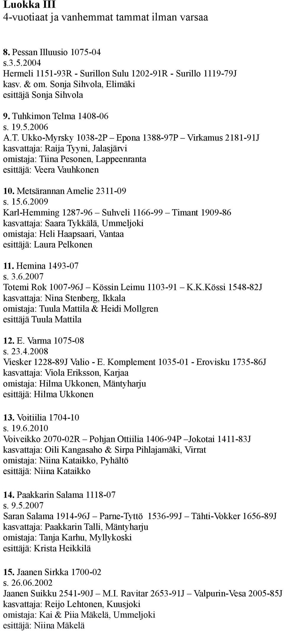 hkimon Telma 1408-06 s. 19.5.2006 A.T. Ukko-Myrsky 1038-2P Epona 1388-97P Virkamus 2181-91J kasvattaja: Raija Tyyni, Jalasjärvi omistaja: Tiina Pesonen, Lappeenranta esittäjä: Veera Vauhkonen 10.