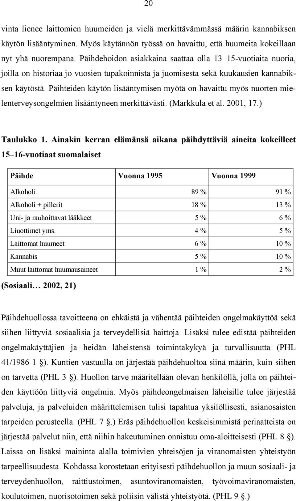 Päihteiden käytön lisääntymisen myötä on havaittu myös nuorten mielenterveysongelmien lisääntyneen merkittävästi. (Markkula et al. 2001, 17.) Taulukko 1.