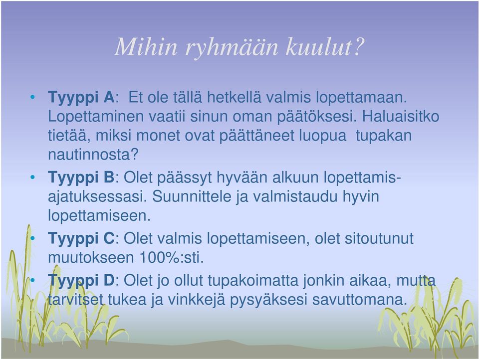 Tyyppi B: Olet päässyt hyvään alkuun lopettamisajatuksessasi. Suunnittele ja valmistaudu hyvin lopettamiseen.