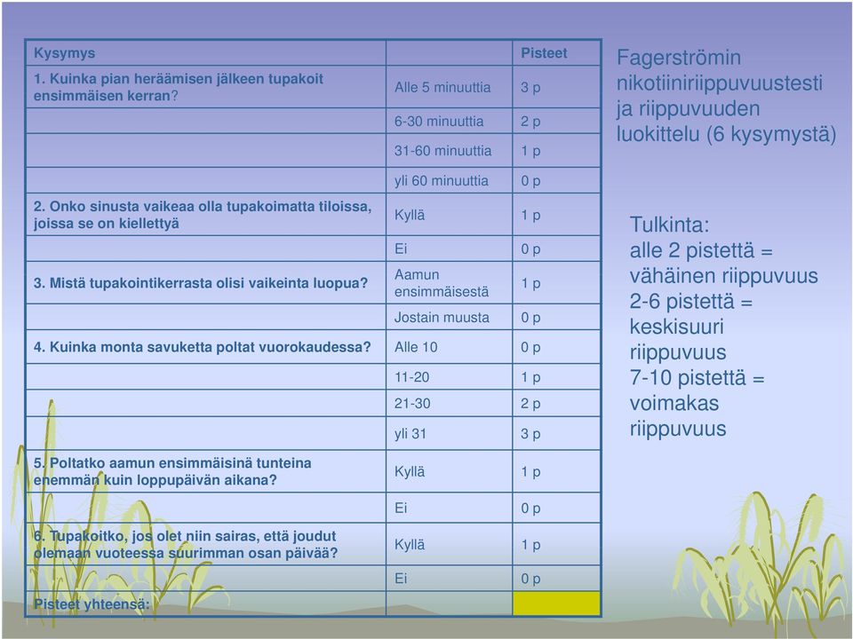 Onko sinusta vaikeaa olla tupakoimatta tiloissa, joissa se on kiellettyä 3. Mistä tupakointikerrasta olisi vaikeinta luopua? yli 60 minuuttia Kyllä Ei Aamun ensimmäisestä Jostain muusta 4.