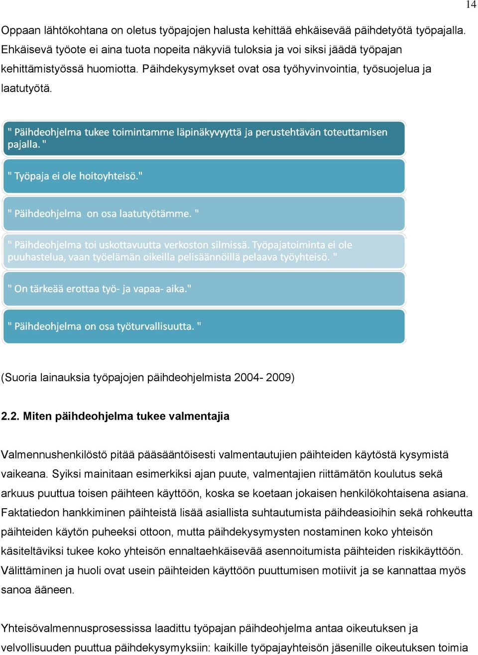 (Suoria lainauksia työpajojen päihdeohjelmista 2004-2009) 2.2. Miten päihdeohjelma tukee valmentajia Valmennushenkilöstö pitää pääsääntöisesti valmentautujien päihteiden käytöstä kysymistä vaikeana.