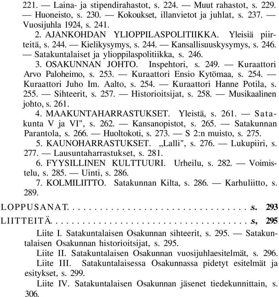 253. Kuraattori Ensio Kytömaa, s. 254. Kuraattori Juho Im. Aalto, s. 254. Kuraattori Hanne Potila, s. 255. Sihteerit, s. 257. Historioitsijat, s. 258. Musikaalinen johto, s. 261. 4.