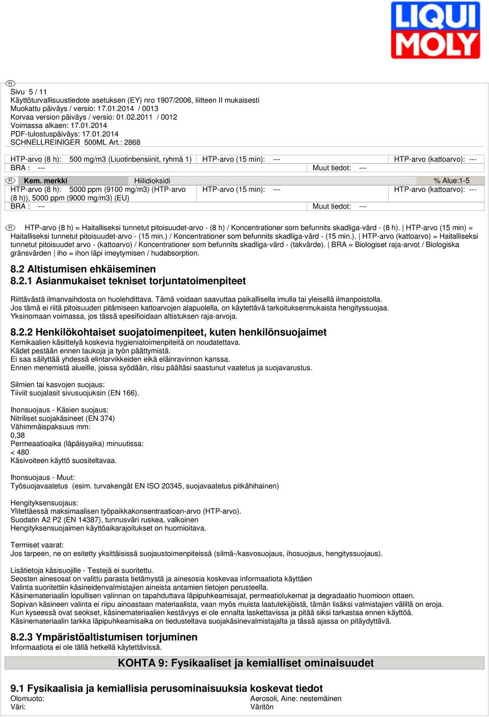 (8 h) = Haitalliseksi tunnetut pitoisuudet-arvo - (8 h) / Koncentrationer som befunnits skadliga-värd - (8 h). HTP-arvo (15 min) = Haitalliseksi tunnetut pitoisuudet-arvo - (15 min.