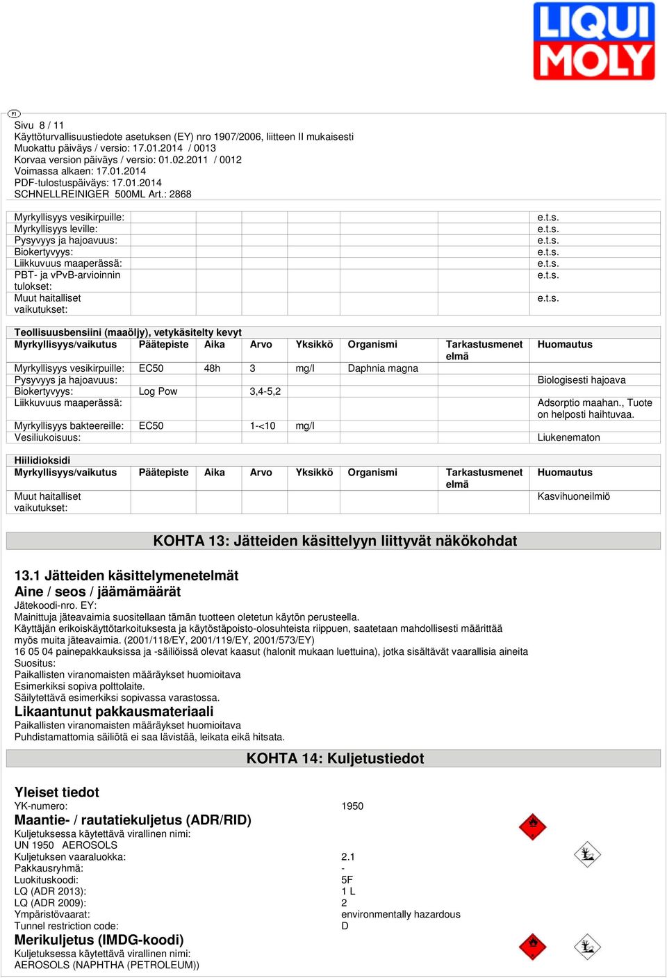 ja hajoavuus: Biokertyvyys: Log Pow 3,4-5,2 Liikkuvuus maaperässä: Myrkyllisyys bakteereille: EC50 1-<10 mg/l Vesiliukoisuus: Hiilidioksidi Myrkyllisyys/vaikutus Päätepiste Aika Arvo Yksikkö