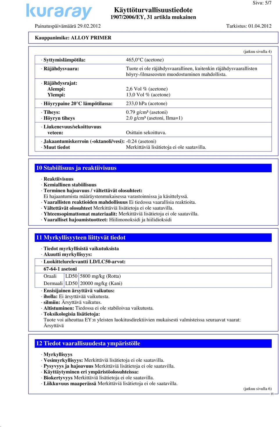 0 g/cm³ (asetoni, Ilma=1) Liukenevuus/sekoittuvuus veteen: Osittain sekoittuva. Jakaantumiskerroin (-oktanoli/vesi): -0.24 (asetoni) Muut tiedot Merkittäviä lisätietoja ei ole saatavilla.