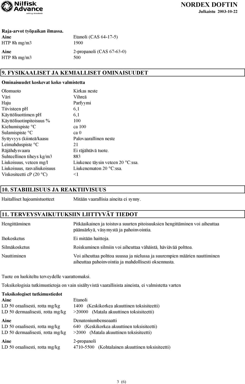 Kiehumispiste C ca 100 Sulamispiste C ca 0 Syttyvyys (kiinteä/kaasu Palovaarallinen neste Leimahduspiste C 21 Räjähdysvaara Ei räjähtävä tuote.