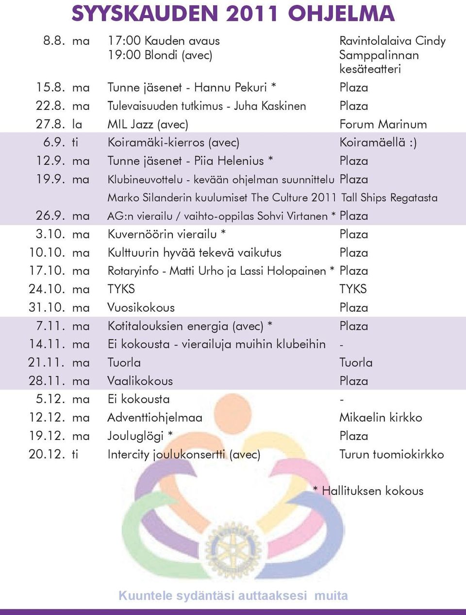 9. ma AG:n vierailu / vaihto-oppilas Sohvi Virtanen * Plaza 3.10. ma Kuvernöörin vierailu * Plaza 10.10. ma Kulttuurin hyvää tekevä vaikutus Plaza 17.10. ma Rotaryinfo - Matti Urho ja Lassi Holopainen * Plaza 24.